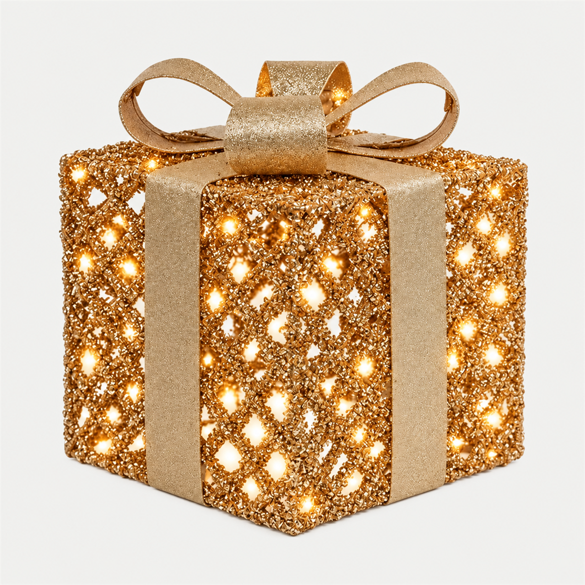 De Bosrand Verlicht Kerstfiguur Giftbox Glitter Champagne met timer XS 10 cm