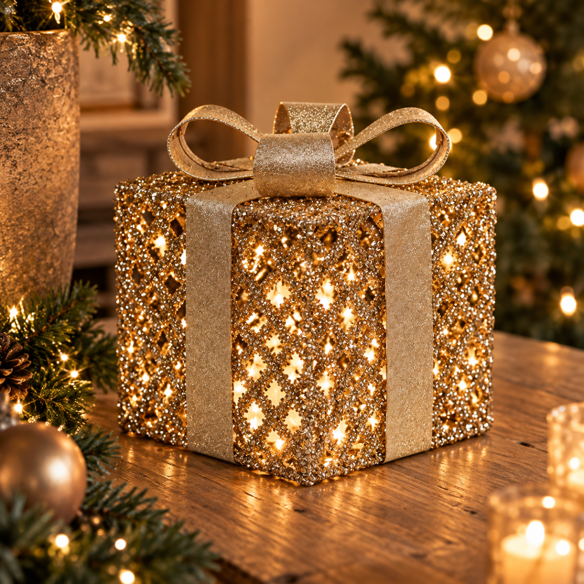 De Bosrand Verlicht Kerstfiguur Giftbox Glitter Champagne met timer XS 10 cm