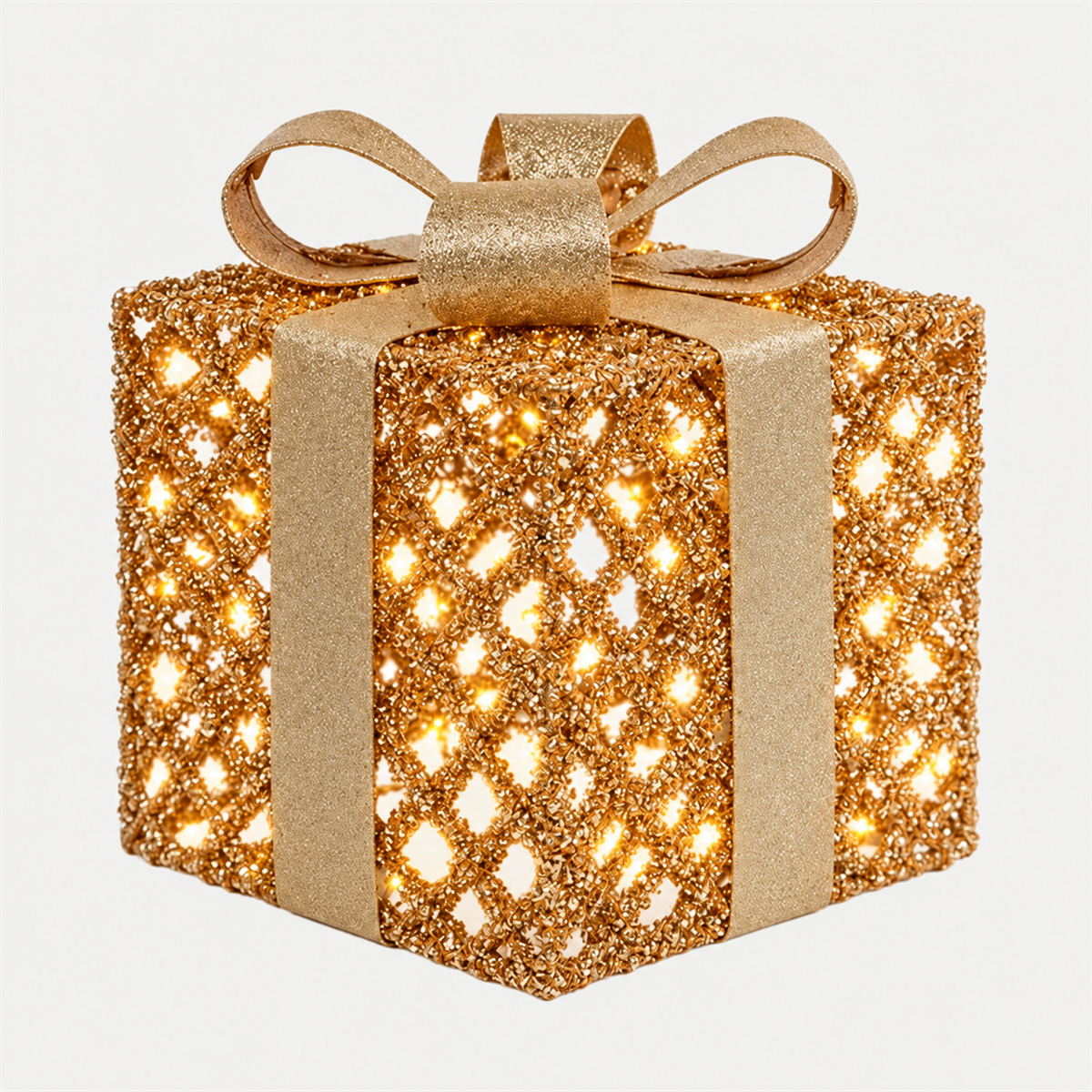 De Bosrand Verlicht Kerstfiguur Giftbox Glitter Champagne met timer M 20 cm