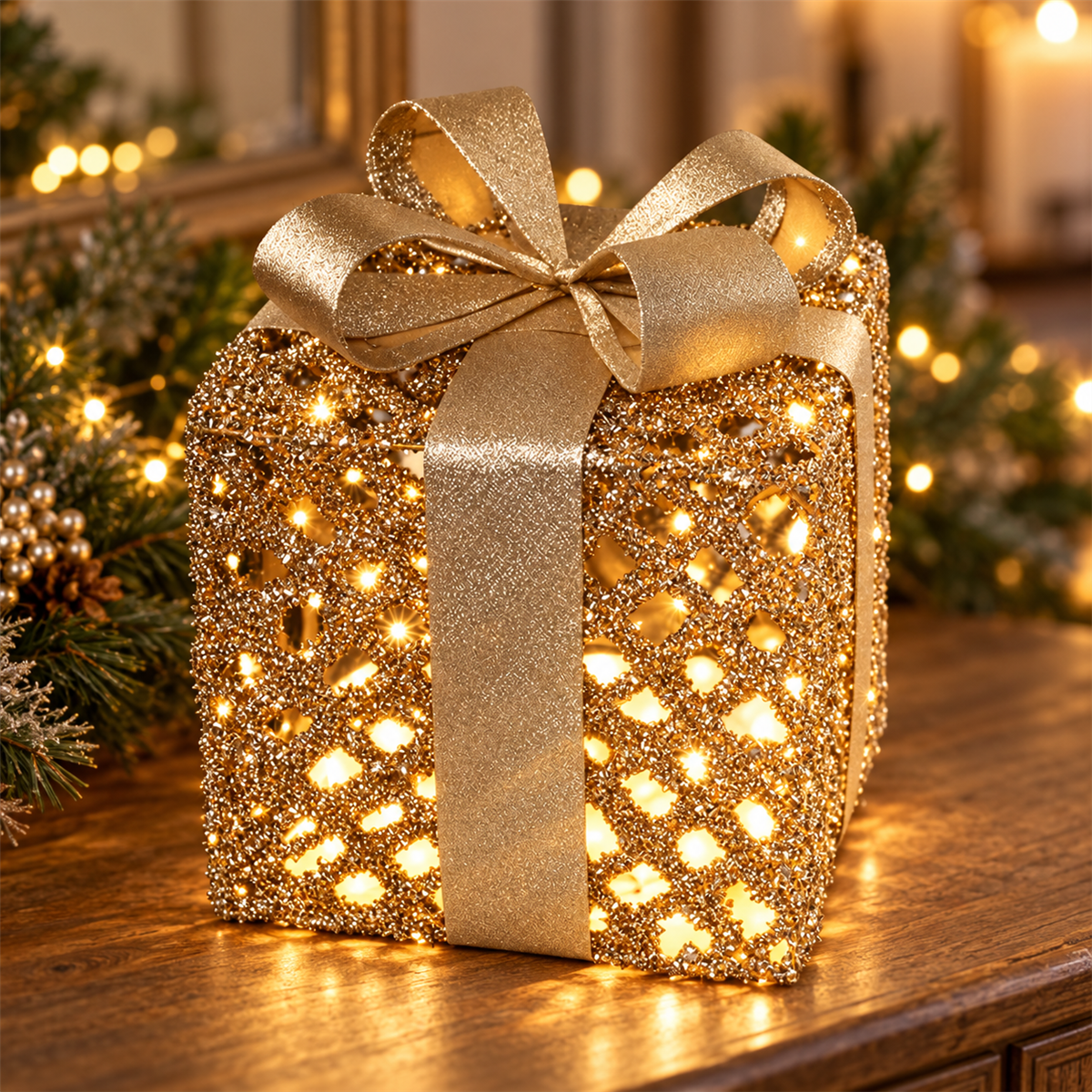 De Bosrand Verlicht Kerstfiguur Giftbox Glitter Champagne met timer M 20 cm