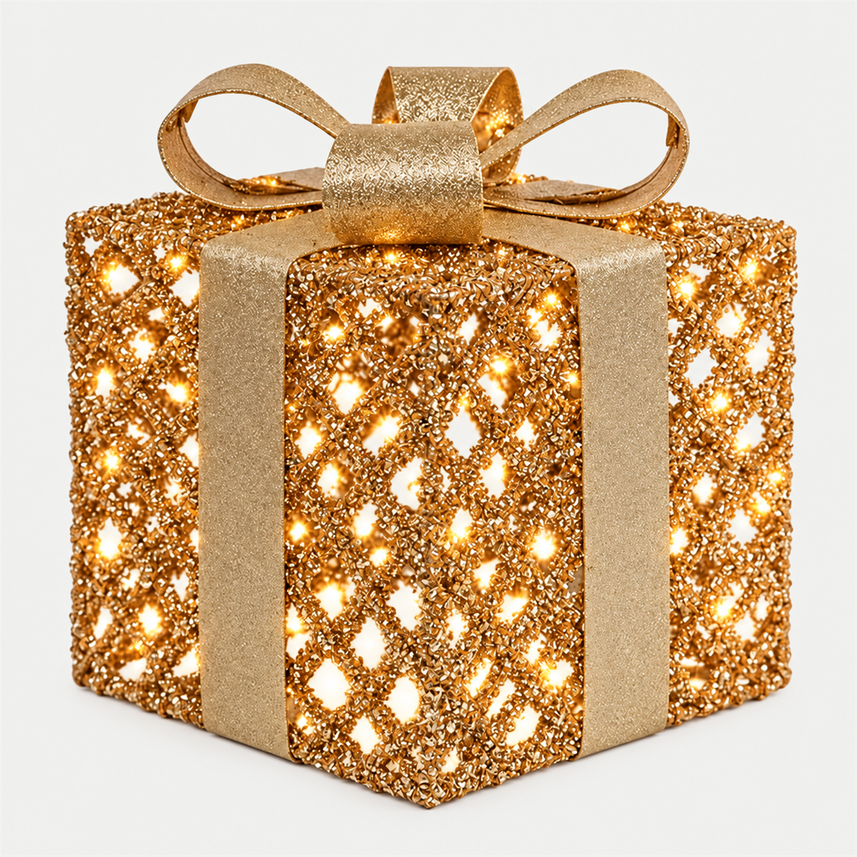 De Bosrand Verlicht Kerstfiguur Giftbox Glitter Champagne met timer 25 cm
