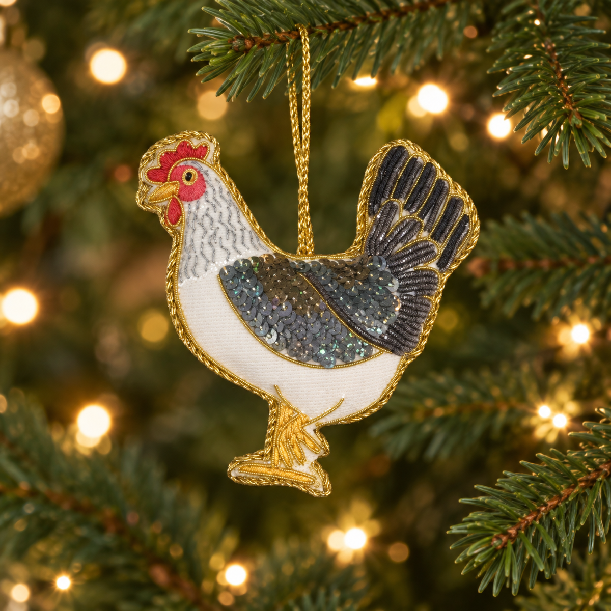 De Bosrand Kerstornament Hanger Kip Geborduurd Wit 8.5 x 9 cm