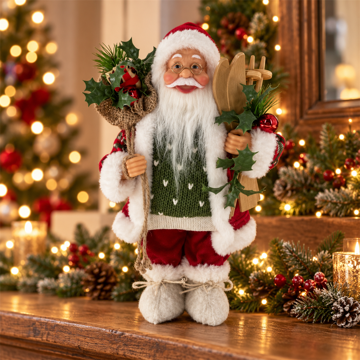De Bosrand Kerstfiguur Kerstman met ski's Rood 30 cm