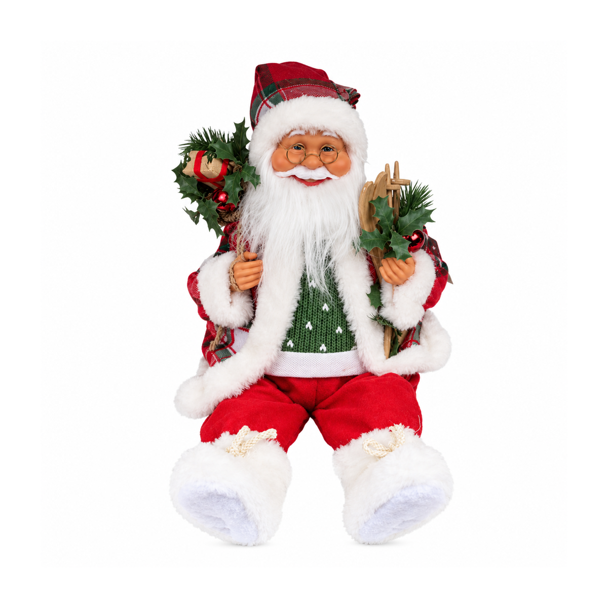 Kerstman met ski's zittend rood 46 cm