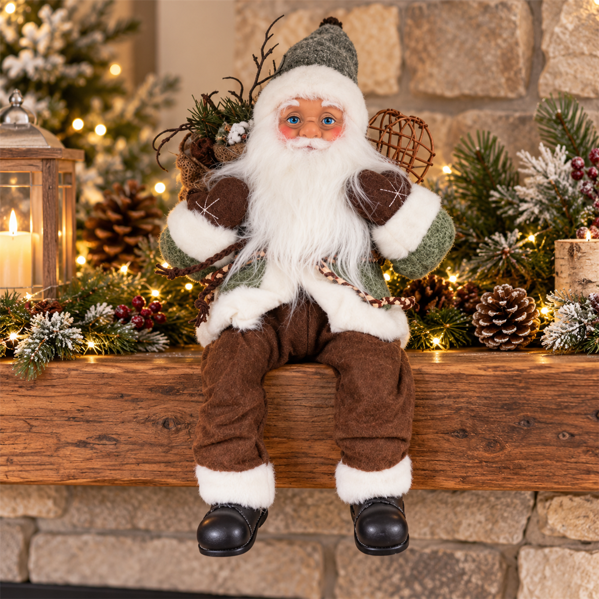 De Bosrand Kerstfiguur Kerstman met zak zittend Groen 46 cm