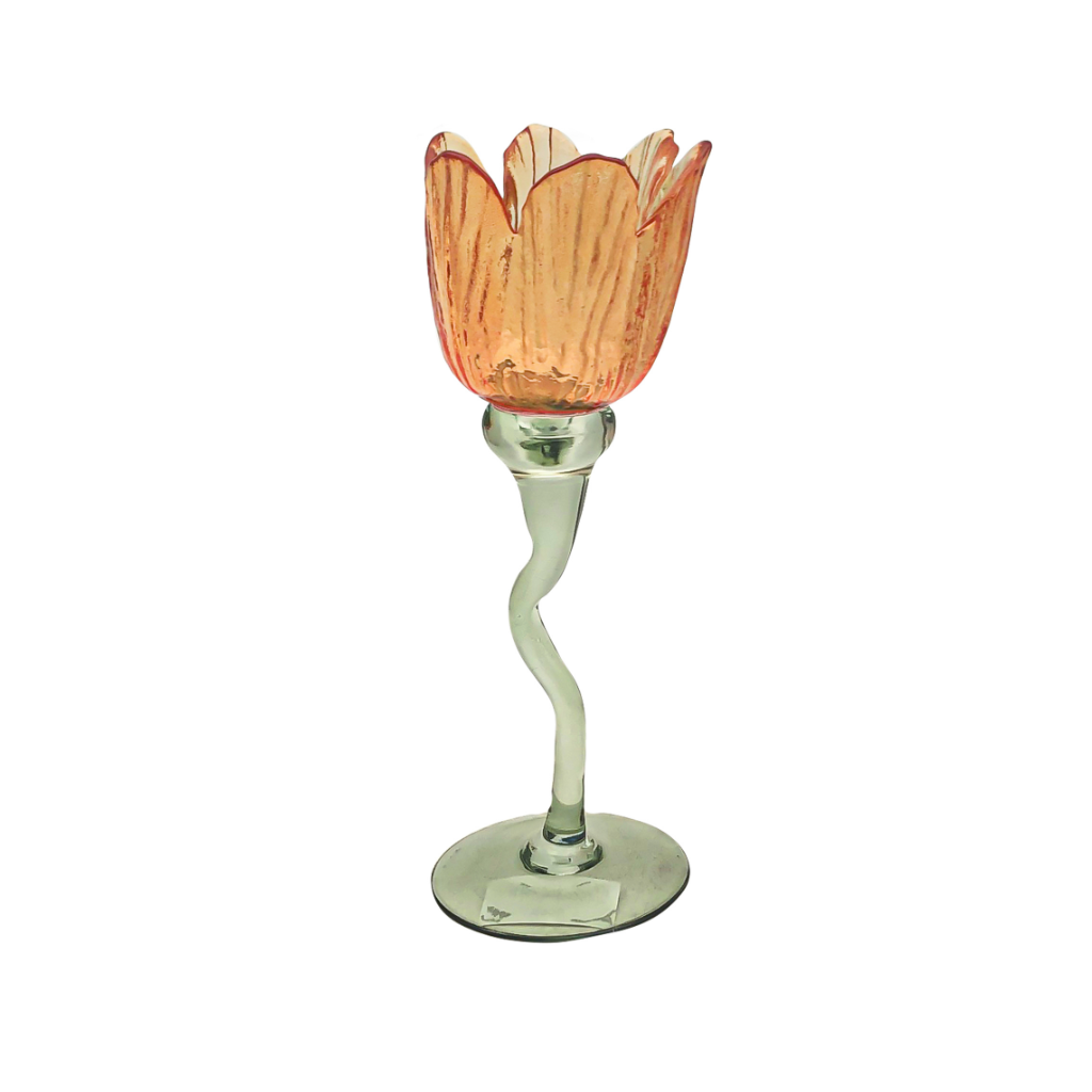 Theelichthouder tulp glas oranje 8.5 x 22.5 cm