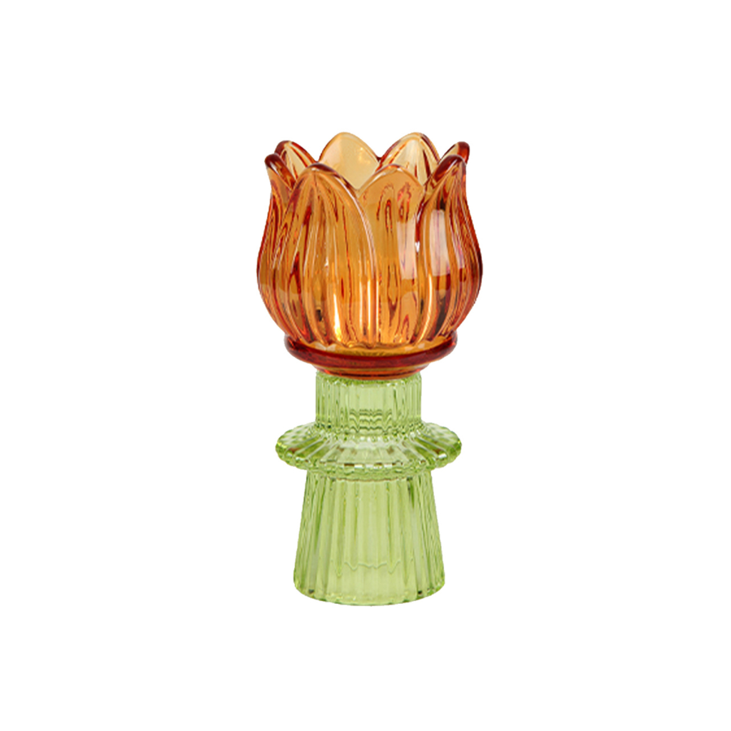 Theelichthouder tulp glas oranje 7 x 14 cm