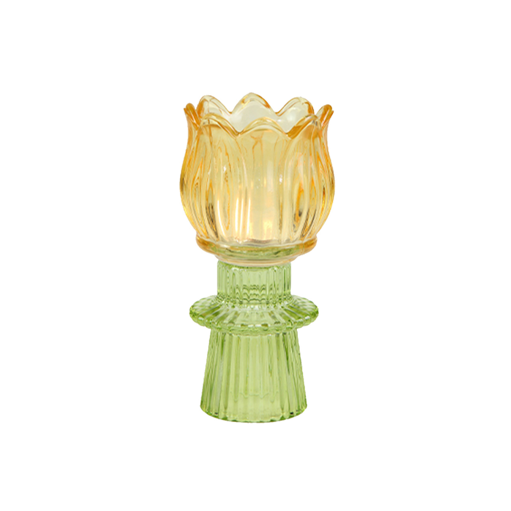 Theelichthouder tulp glas geel 7 x 14 cm