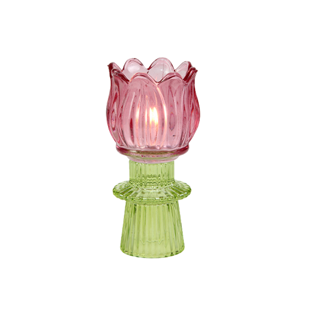 Theelichthouder tulp glas fuchsia 7 x 14 cm