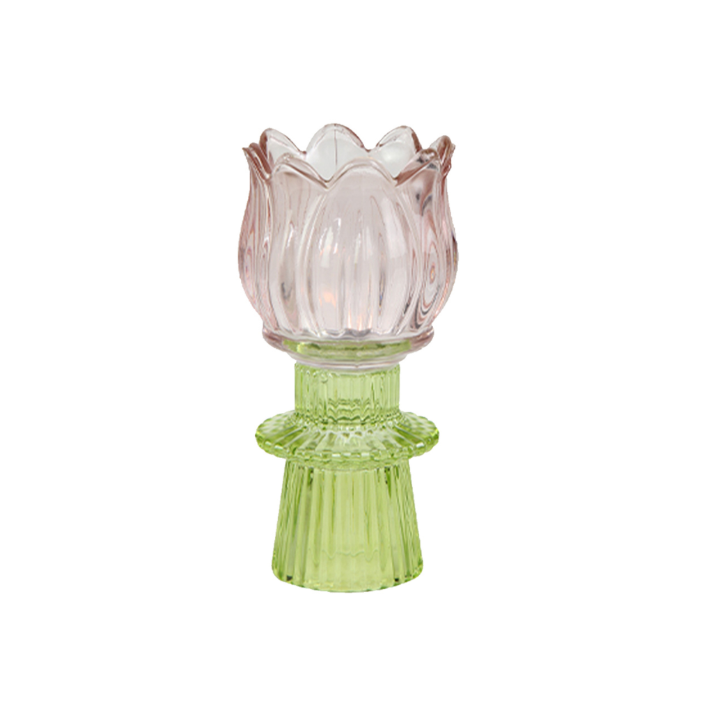 Theelichthouder tulp glas roze 7 x 14 cm