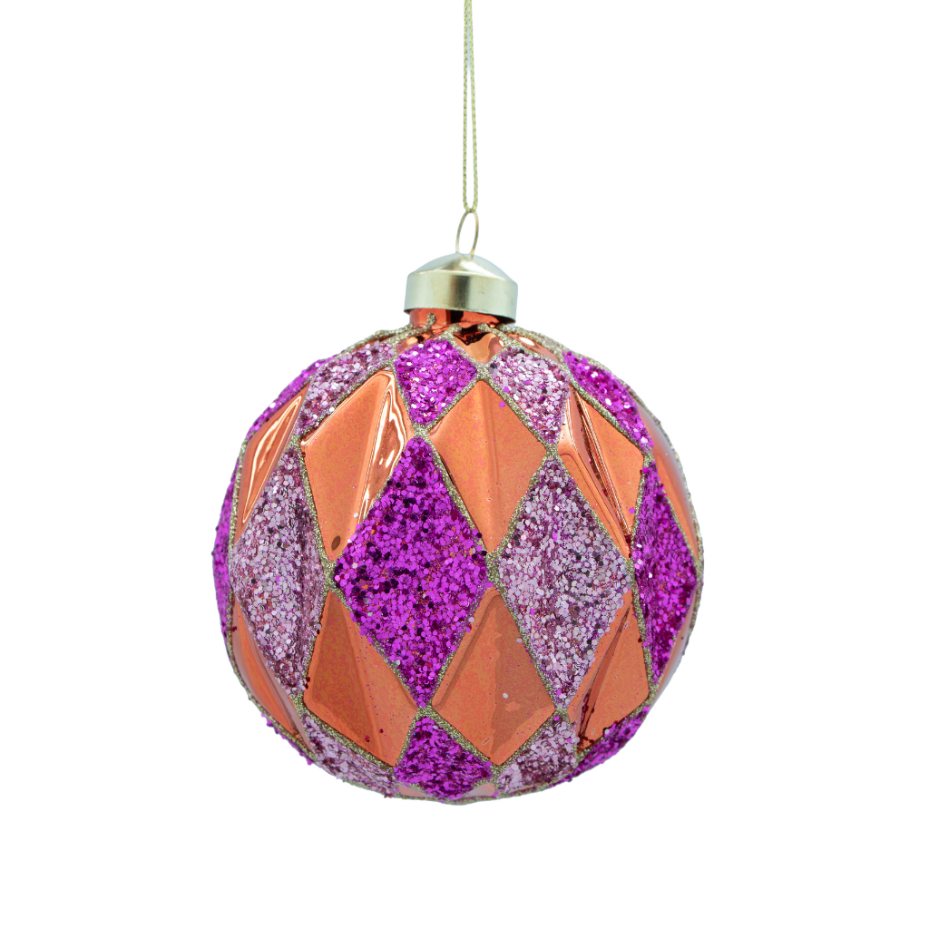 Kerstornament ruit paars glitter glas 10 cm