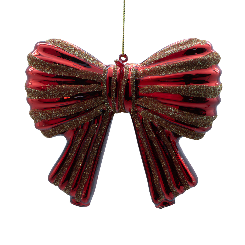 Kerstornament strik rood/goud glas 12 cm