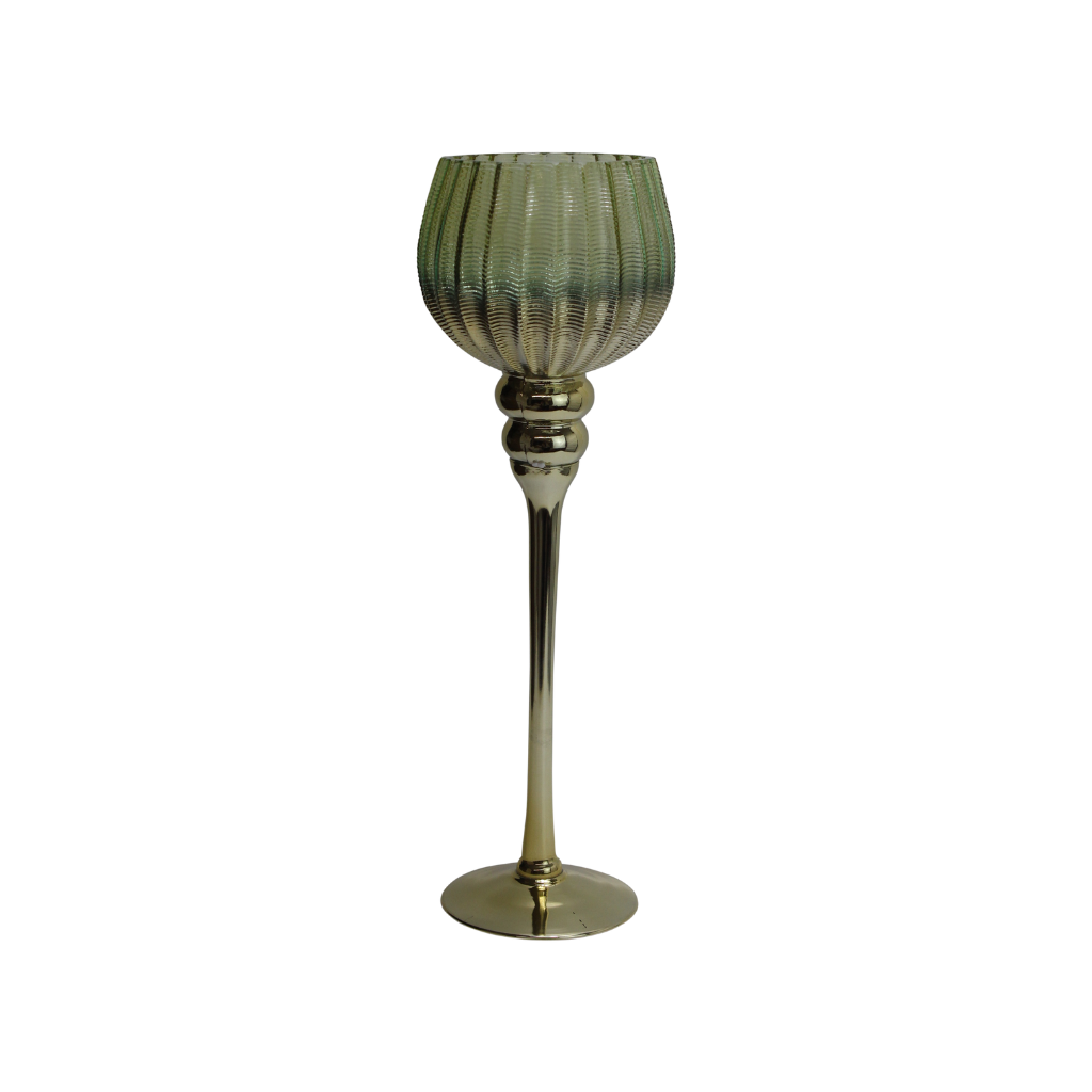 Waxinelichthouder op voet glas groen-goud 13 x 40 cm