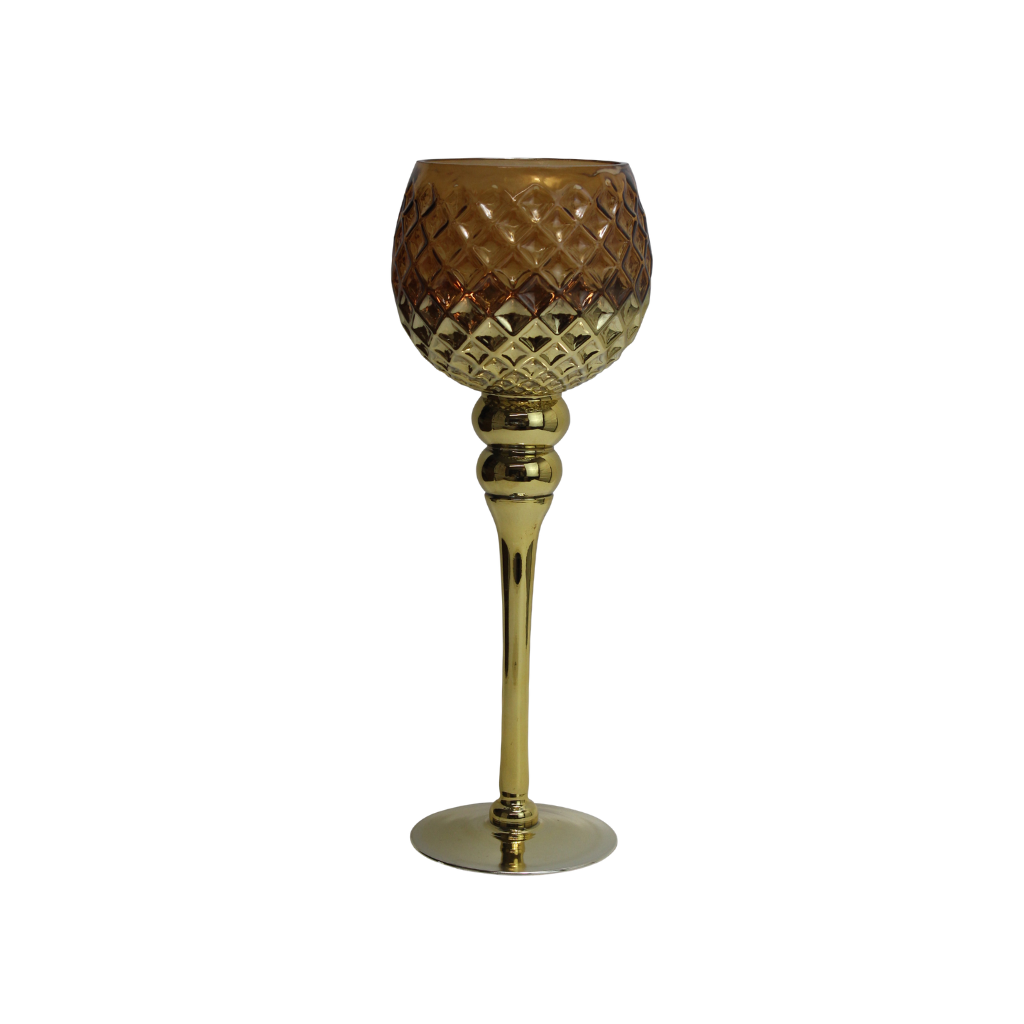 Waxinelichthouder op voet glas amber-goud 13 x 35 cm