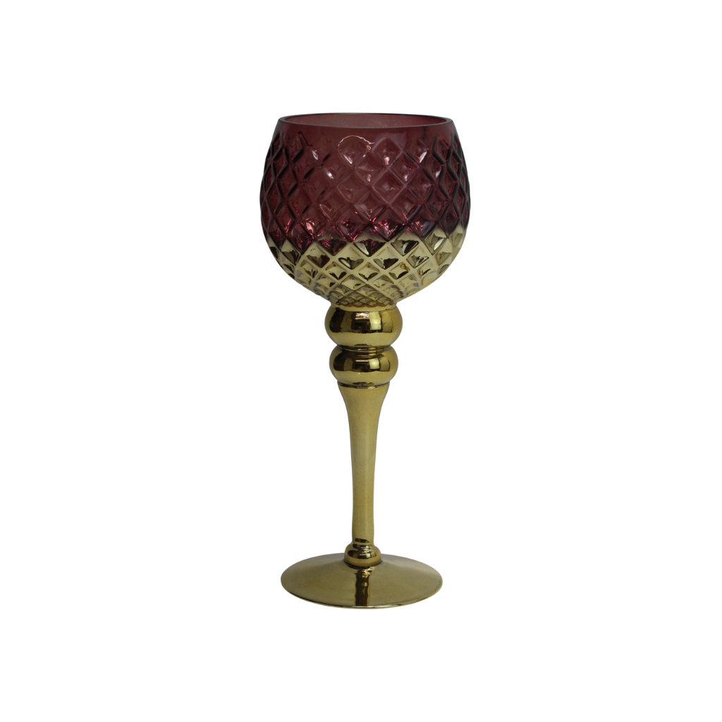 Waxinelichthouder op voet glas wijnrood-goud 13 x 30 cm