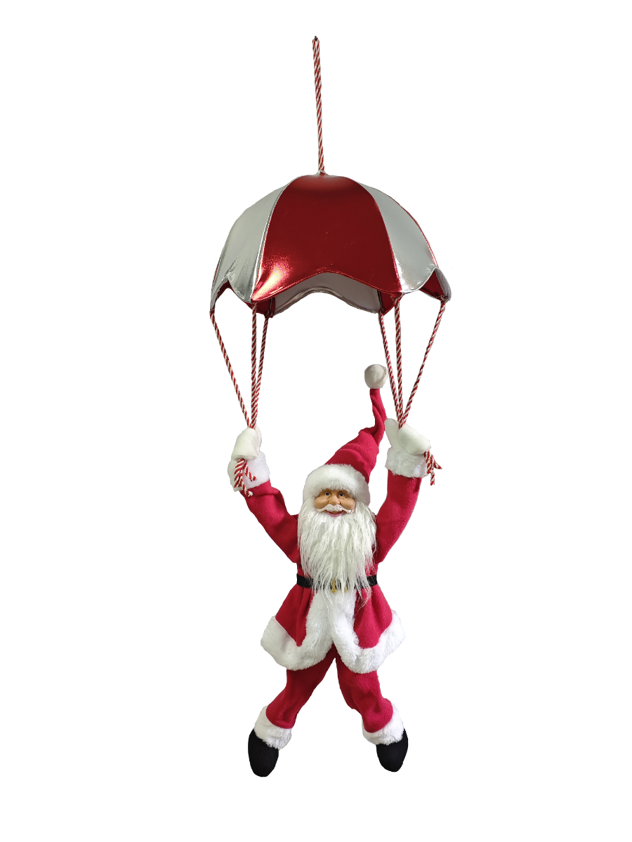 Kerstman hangend aan parachute bewegende animatiepop 78 cm