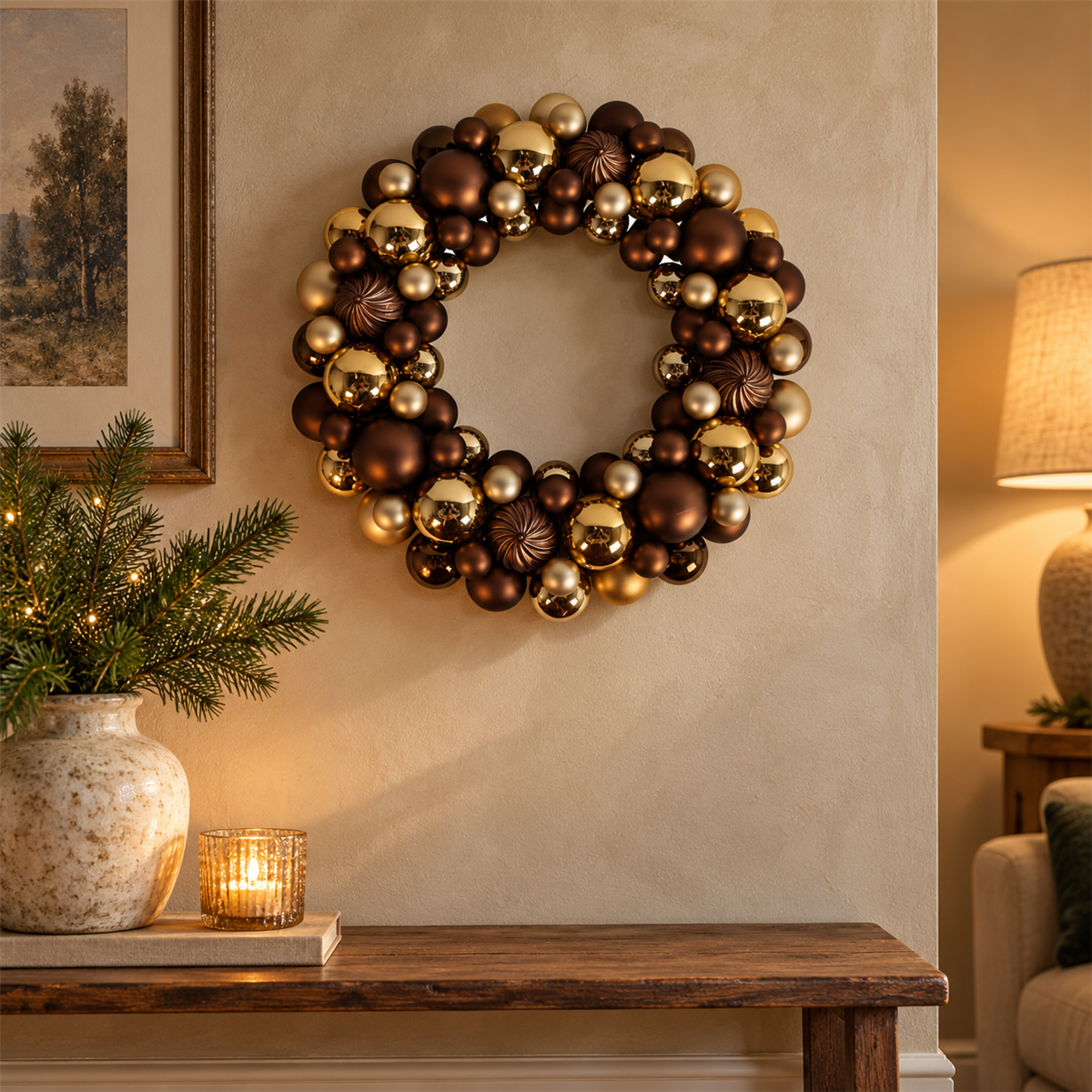 De Bosrand Kerstkrans kunststof kerstballen coffee 43 cm