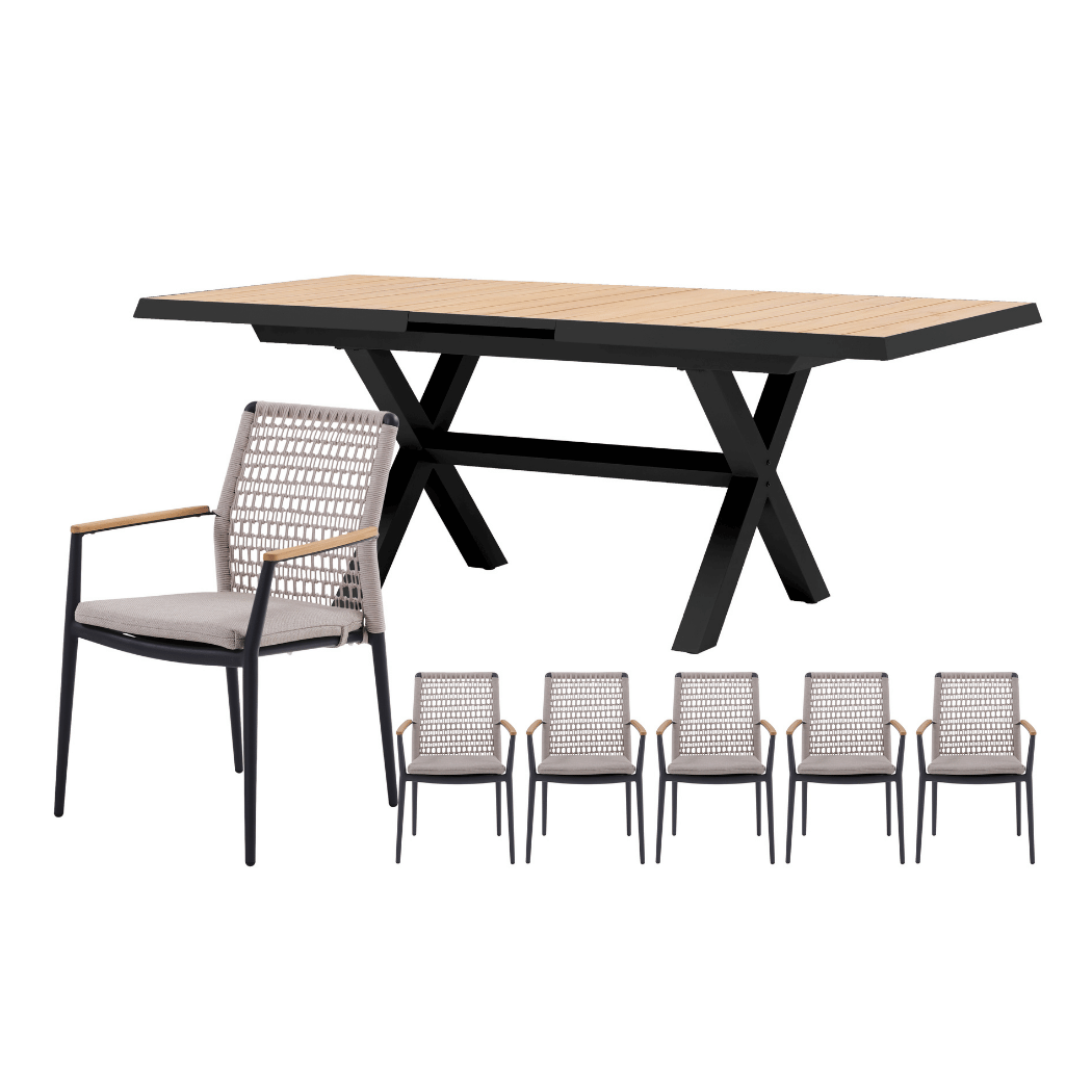 Royal Seasons Diningset 6-zits Portland Laag Uitschuifbaar Zwart