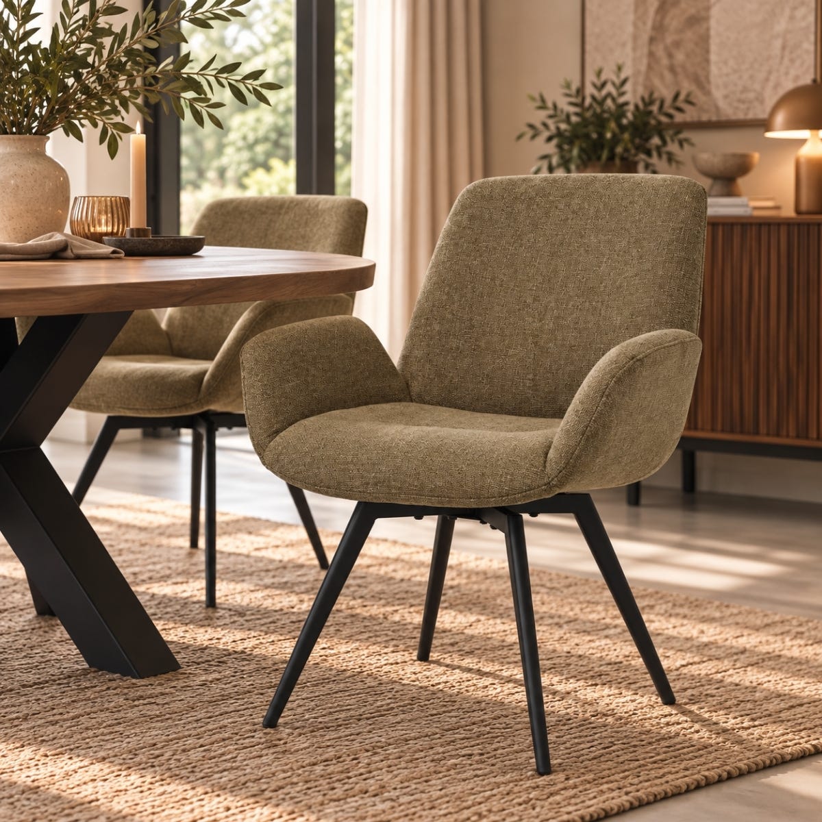 24Seven Draaibare Eetkamerstoel Metalen Onderstel Matteo Olive 61 x 61 x 84 cm