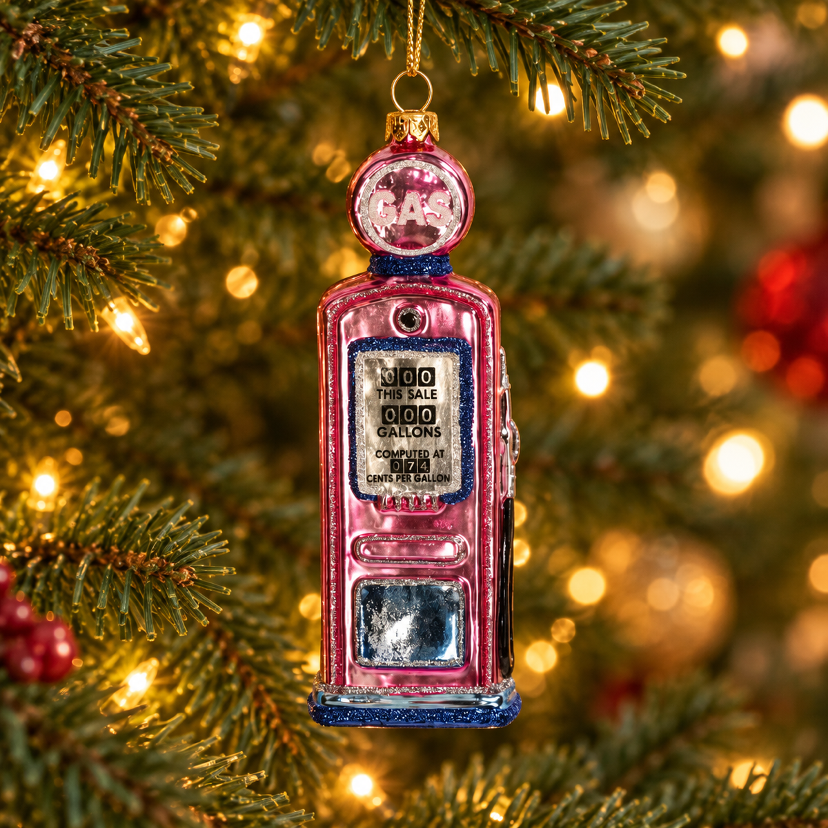 HD Collection Kerstornament Benzinepomp Glas Roze 5.1 x 2.5 x 14 cm