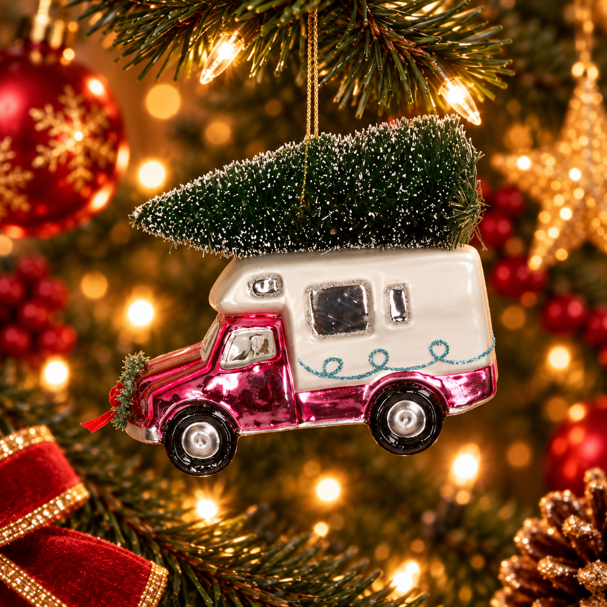 HD Collection Kerstornament Camper Glas Roze 11.4 x 5.1 x 10.2 cm