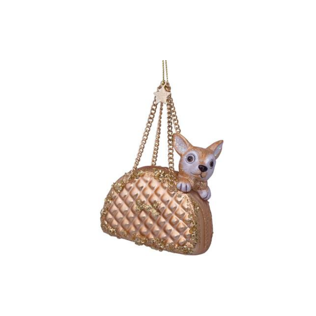 Vondels Kersthanger hond in gouden tas 10 cm