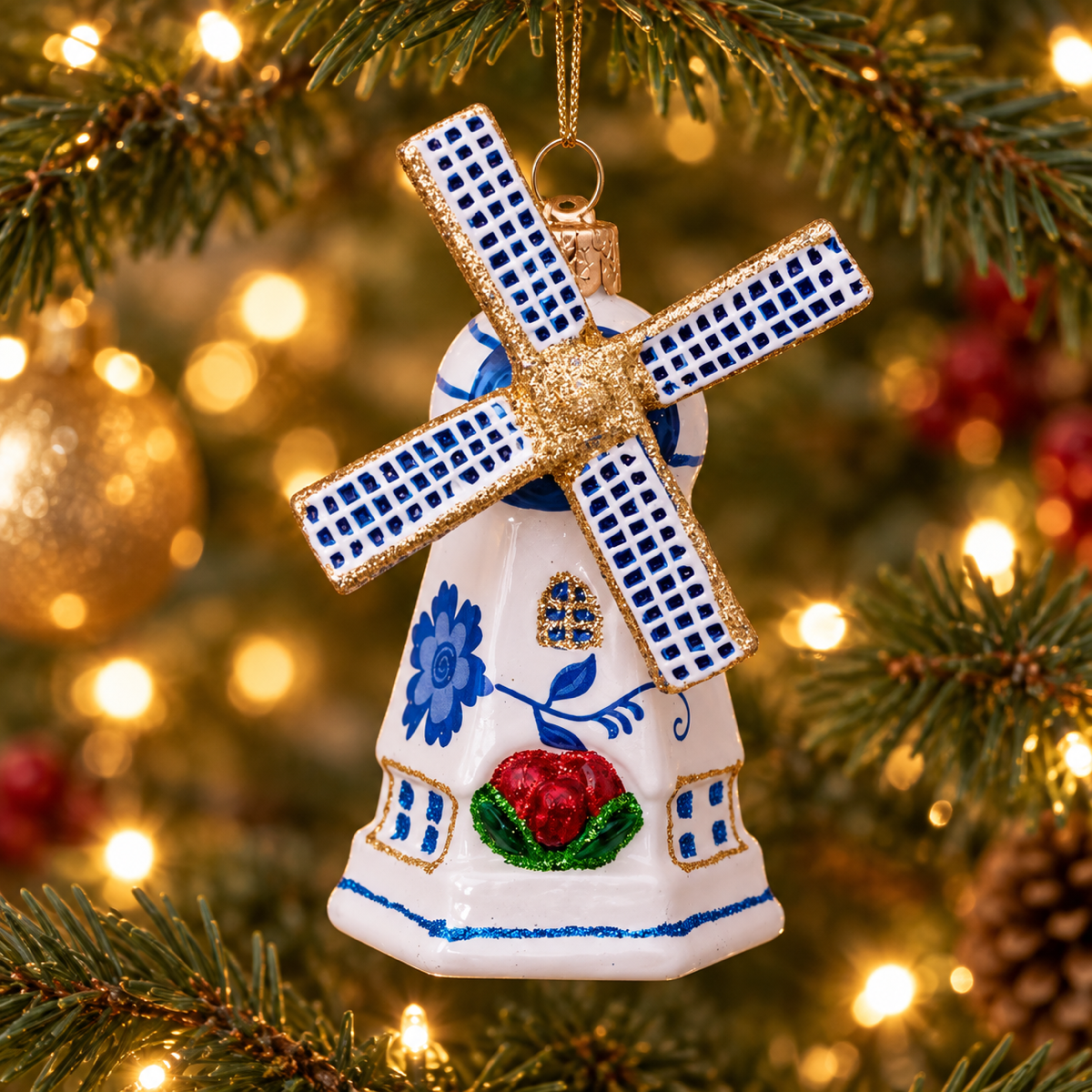 Vondels Kerstornament Delfts Blauwe Molen Blauw 10 cm