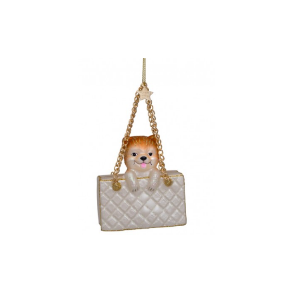 Vondels Kersthanger damestas met puppy 7 cm