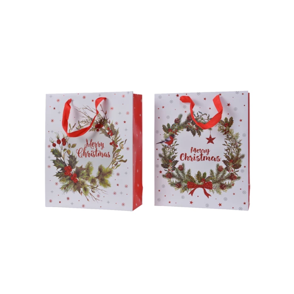 Giftbag papier rectangle red glitter wreath