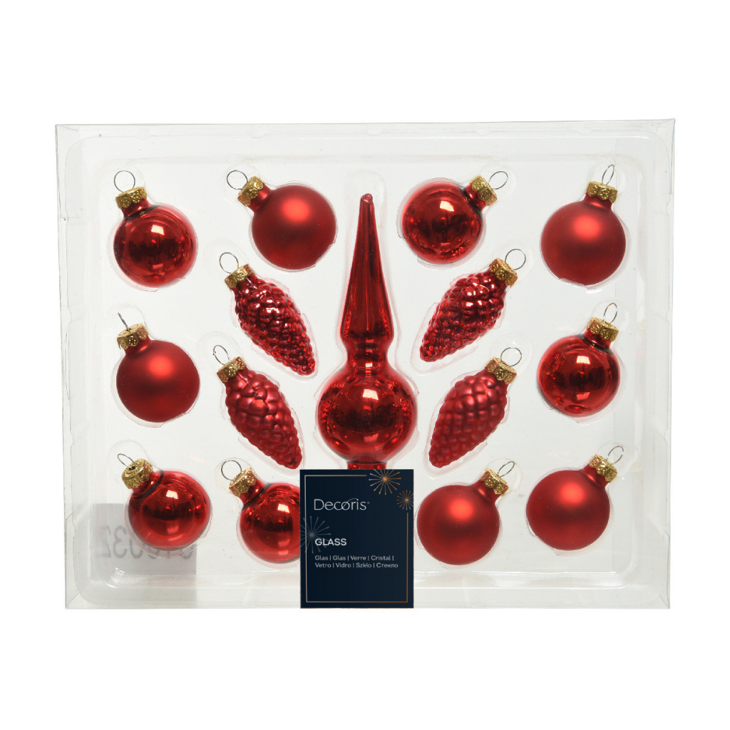 Decoris kerstballen glas mix met piek pine rood 15-delig