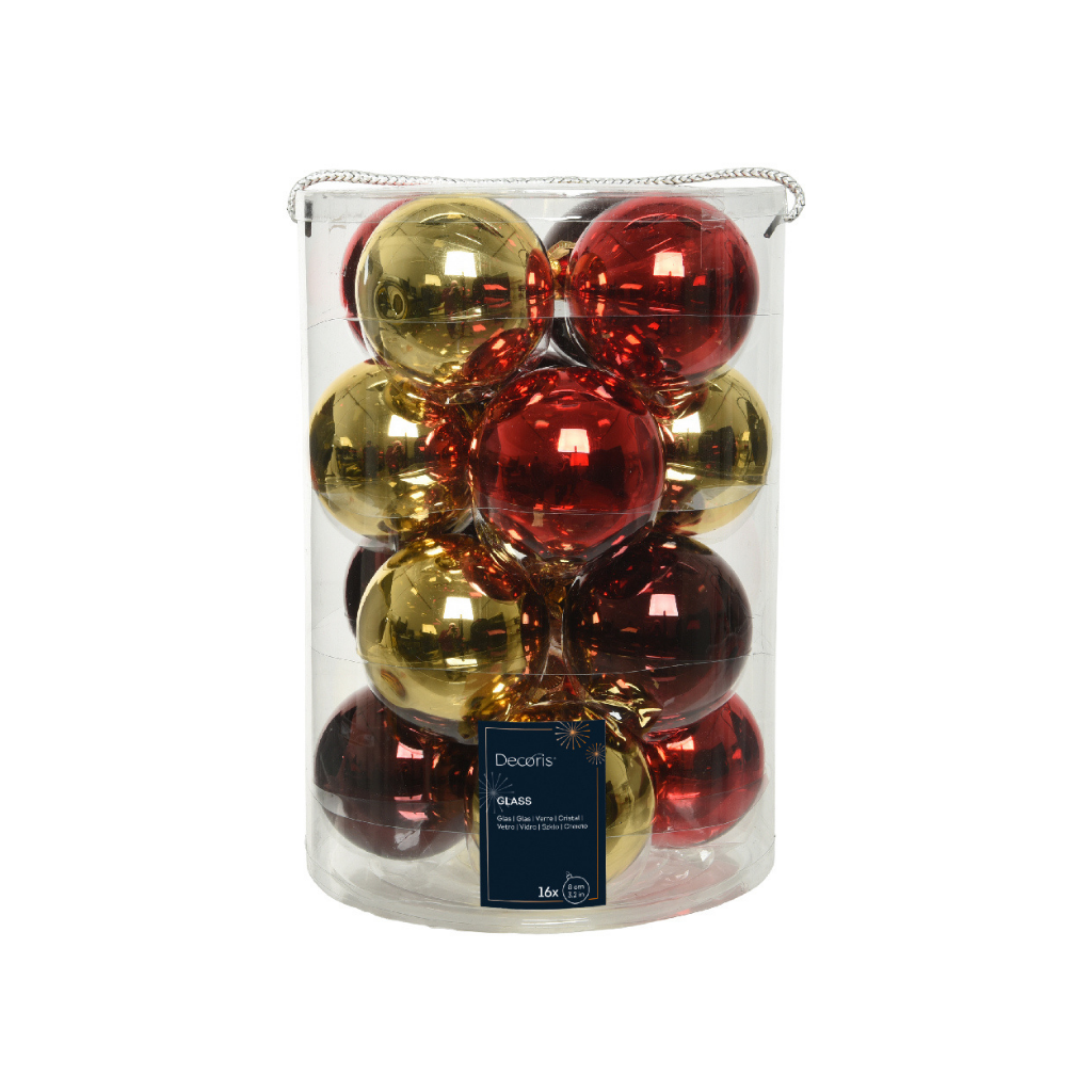 Decoris Kerstballen glas rood-goud 16 stuks Ø 8 cm