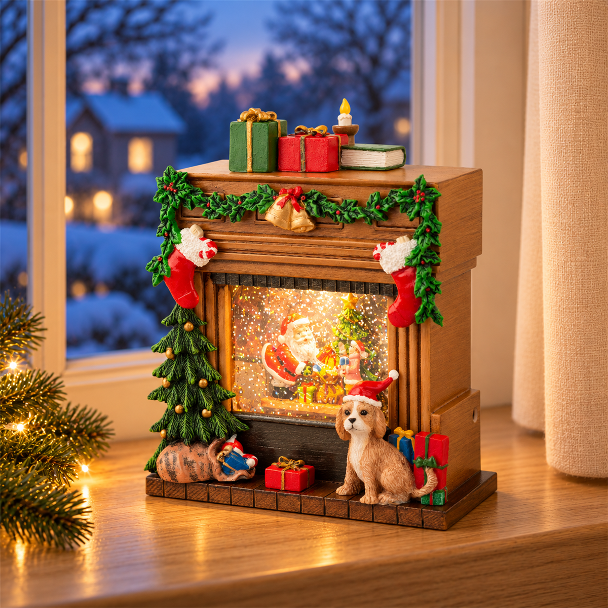 Lumineo Verlicht Kerstfiguur Waterspinner Openhaard Bruin Warm Wit 1 Lampje 19.5 x 9.3 x 23 cm