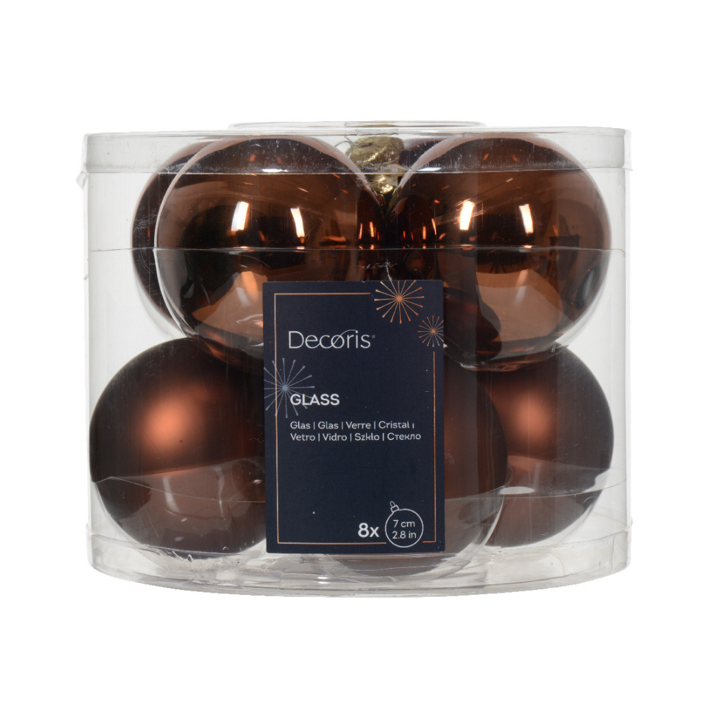 Decoris Kerstballen glas espresso 8 stuks Ø 7 cm