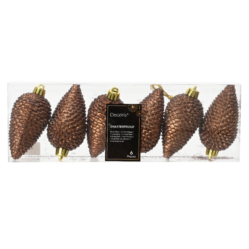 Decoris Dennenappel espresso kunststof 6 stuks 8 cm