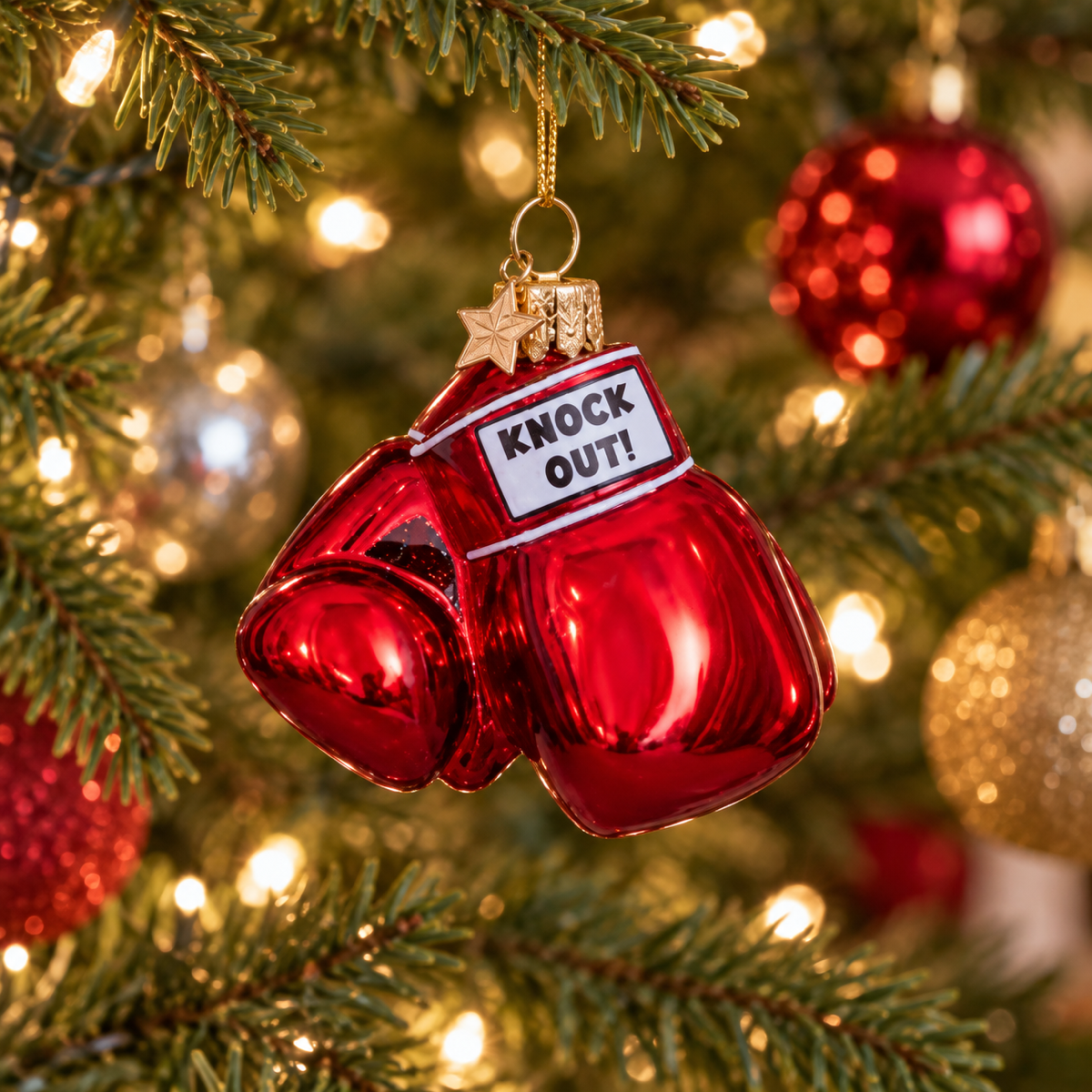 Vondels Kerstornament Rode Glanzende Bokshandschoenen Rood 8.5 cm