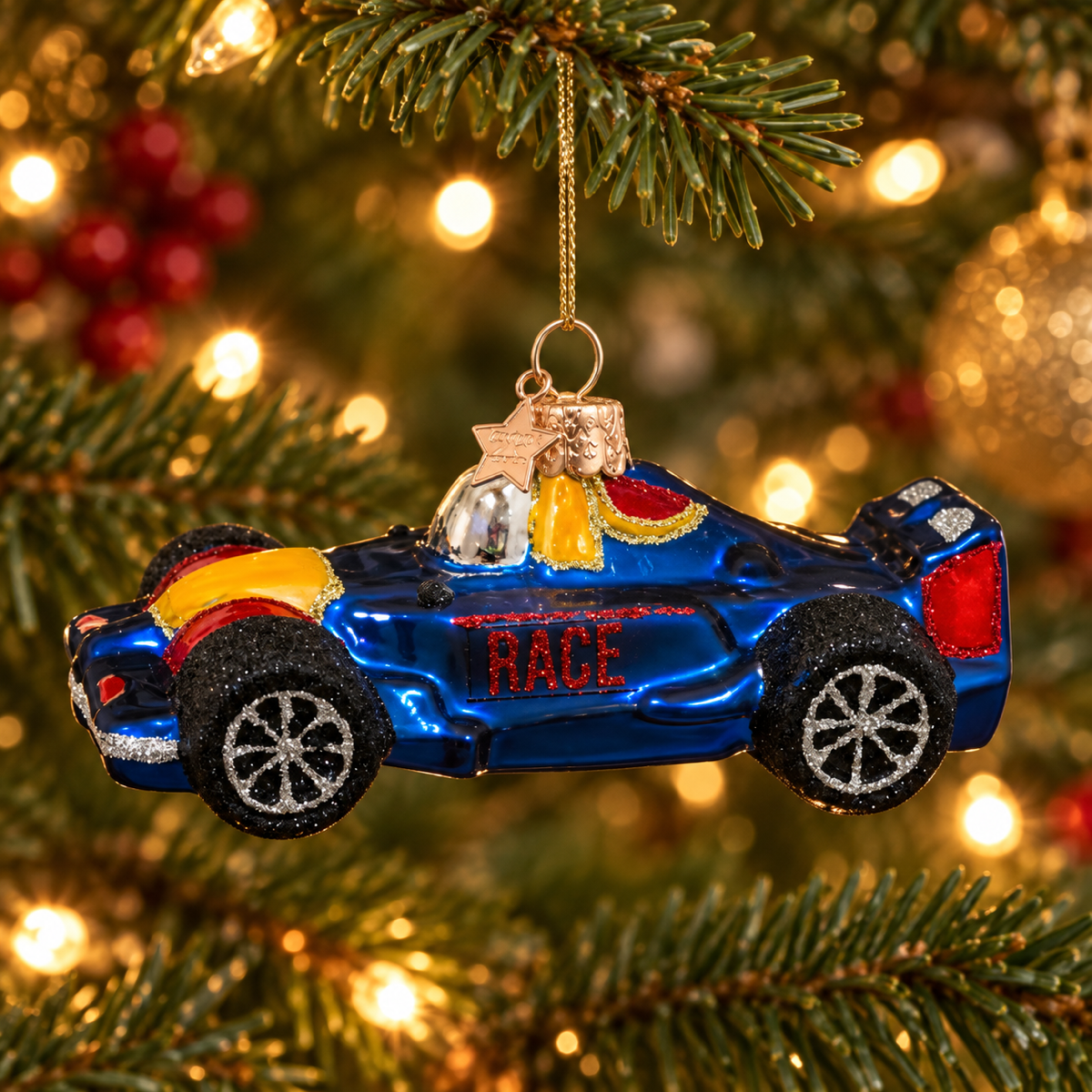 Vondels Kerstornament Blauwe Race Auto Blauw 5 cm