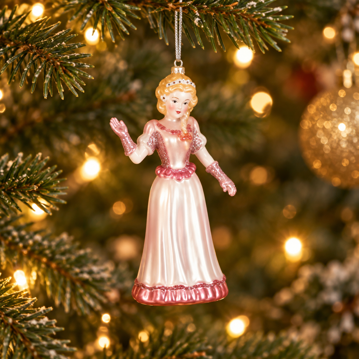 LuVille Kerstornament Efteling Assepoester Glas Roze 6.5 x 5 x 13 cm