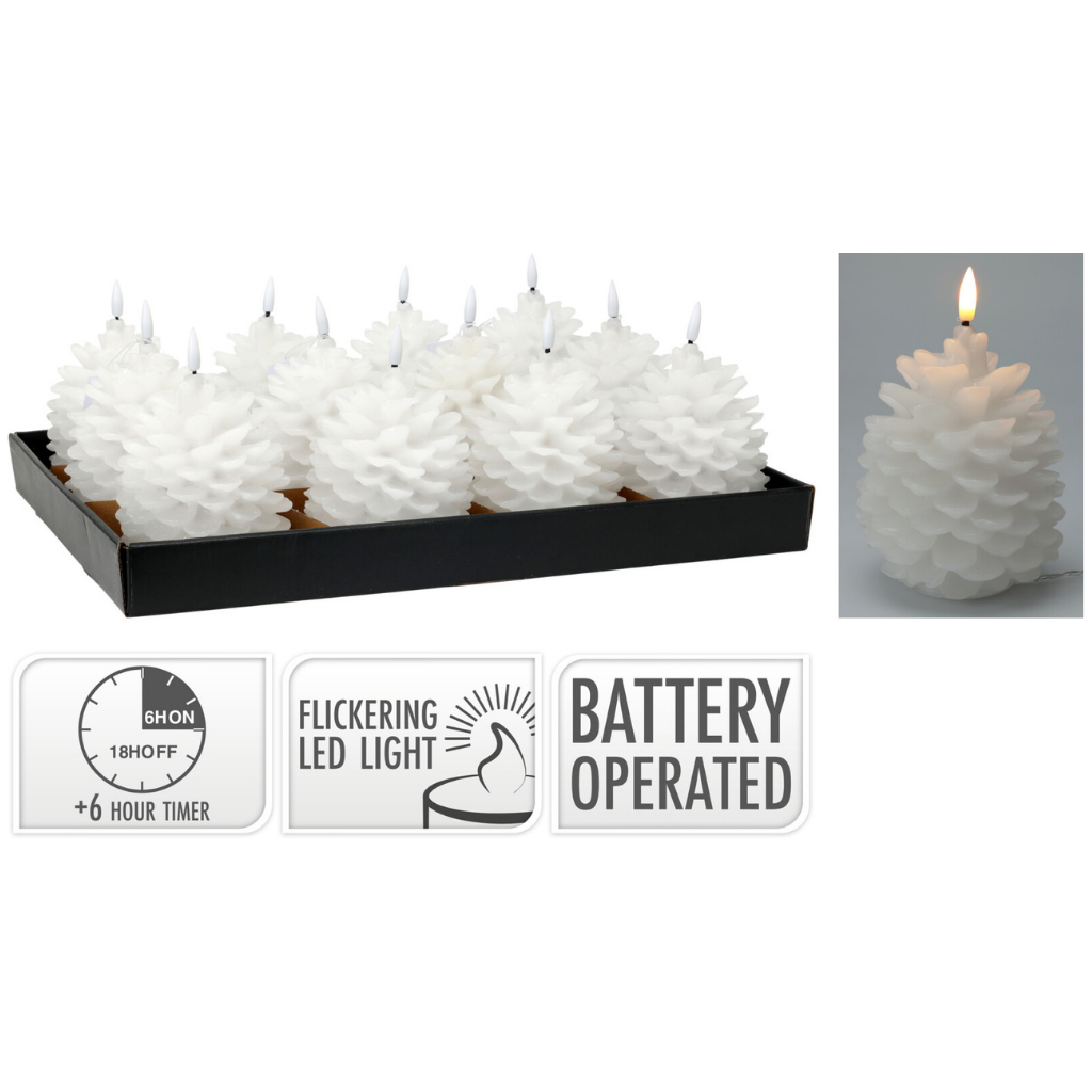 LED-kaars Dennenappel wit 13 cm