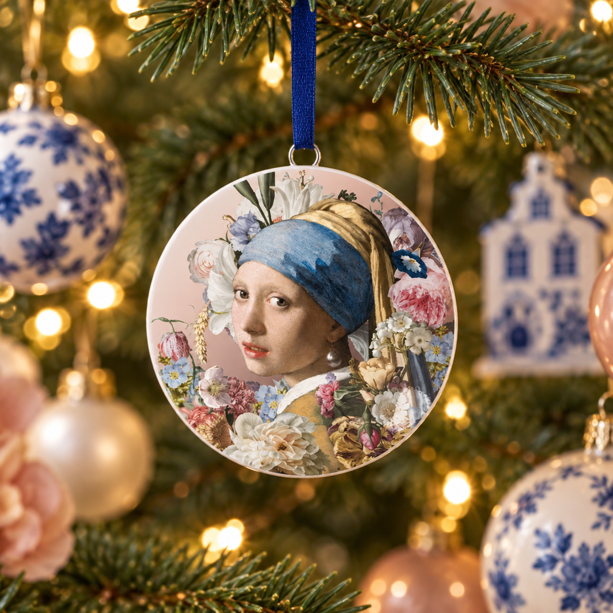 Heinen Delfts Blauw Kerstornament Meisje met de Parel Blauw Ø 6 cm
