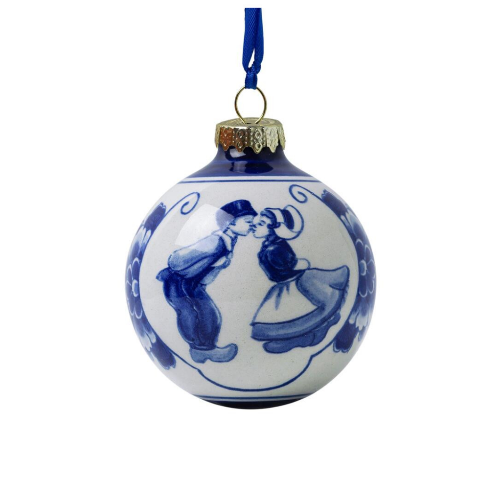 Heinen Delfts Blauw Kerstbal Kuspaar 7 cm