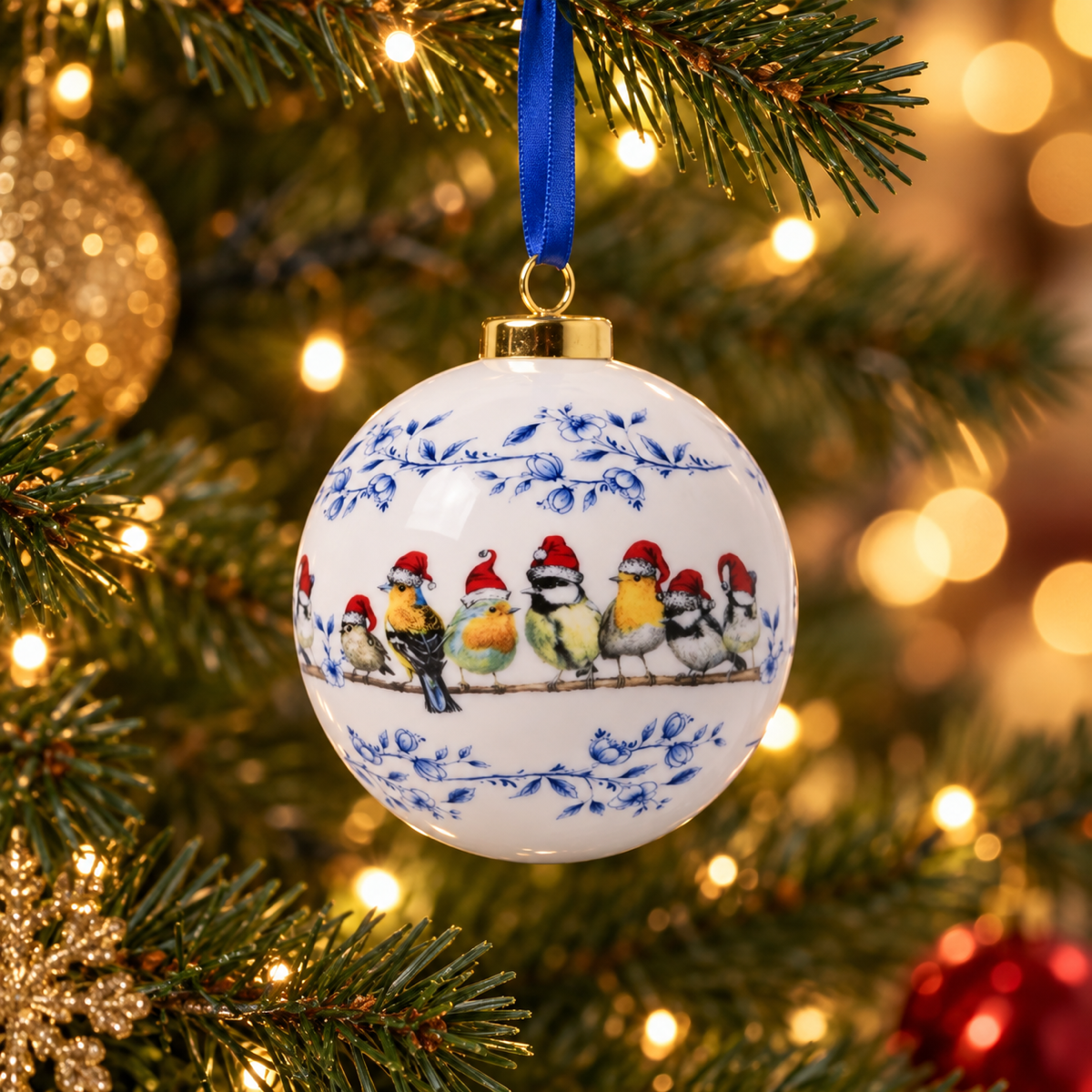 Heinen Delfts Blauw Kerstornament Bosvogels Kerstmuts Blauw Ø 8 cm