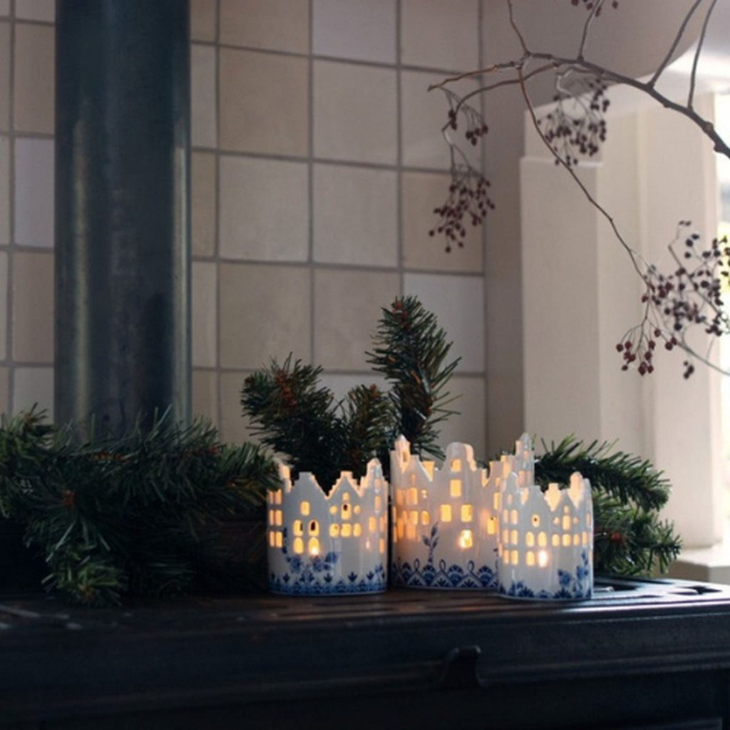 Heinen Delfts Blauw Waxinelichthouder Huisjes klein