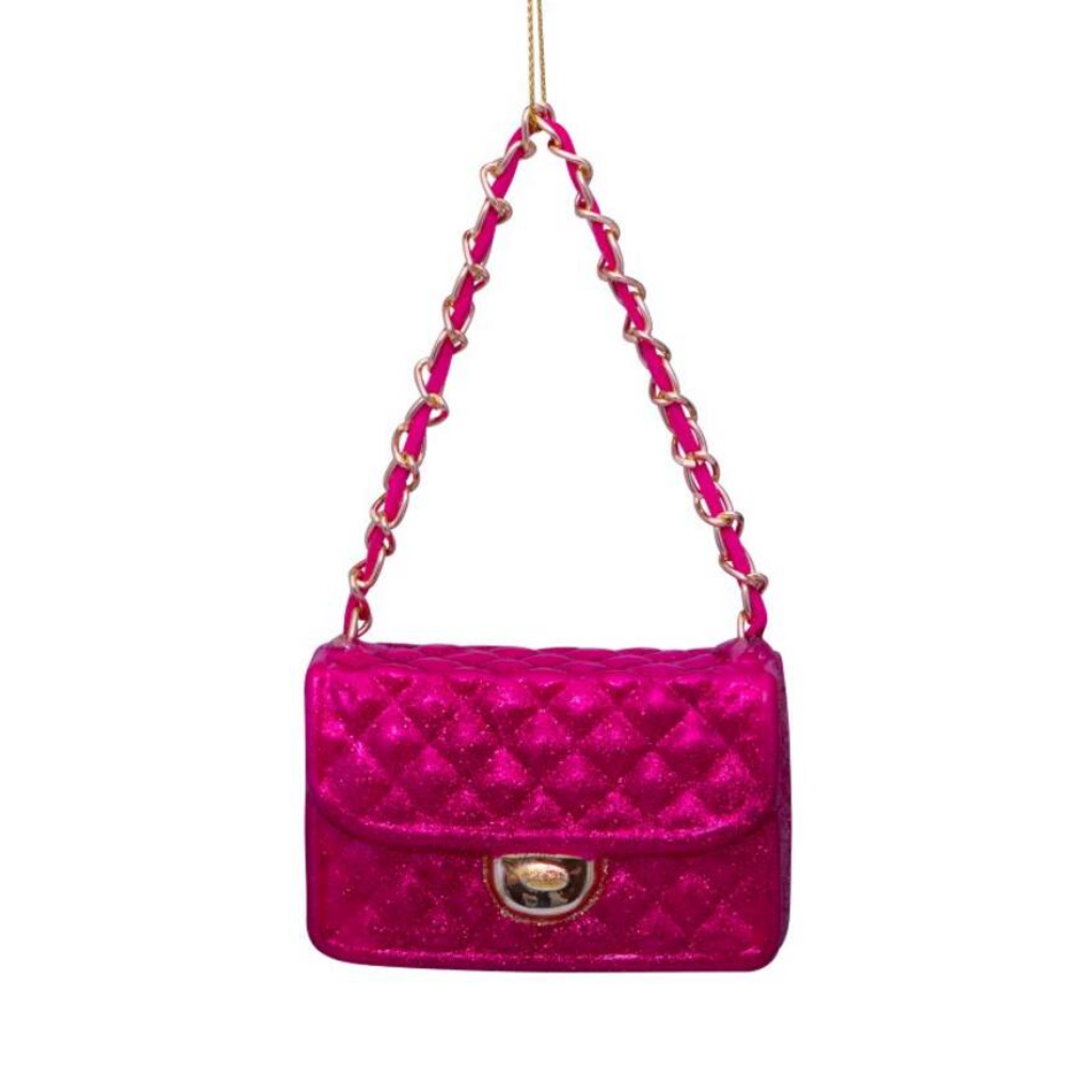 Vondels Kersthanger handtas framboos glitter 5.5 cm