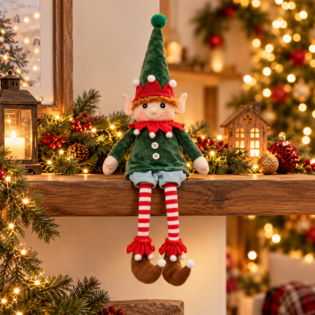 Decoris Kerstfiguur Kerstelf zittend met hangende benen 22 x 11 x 60 cm