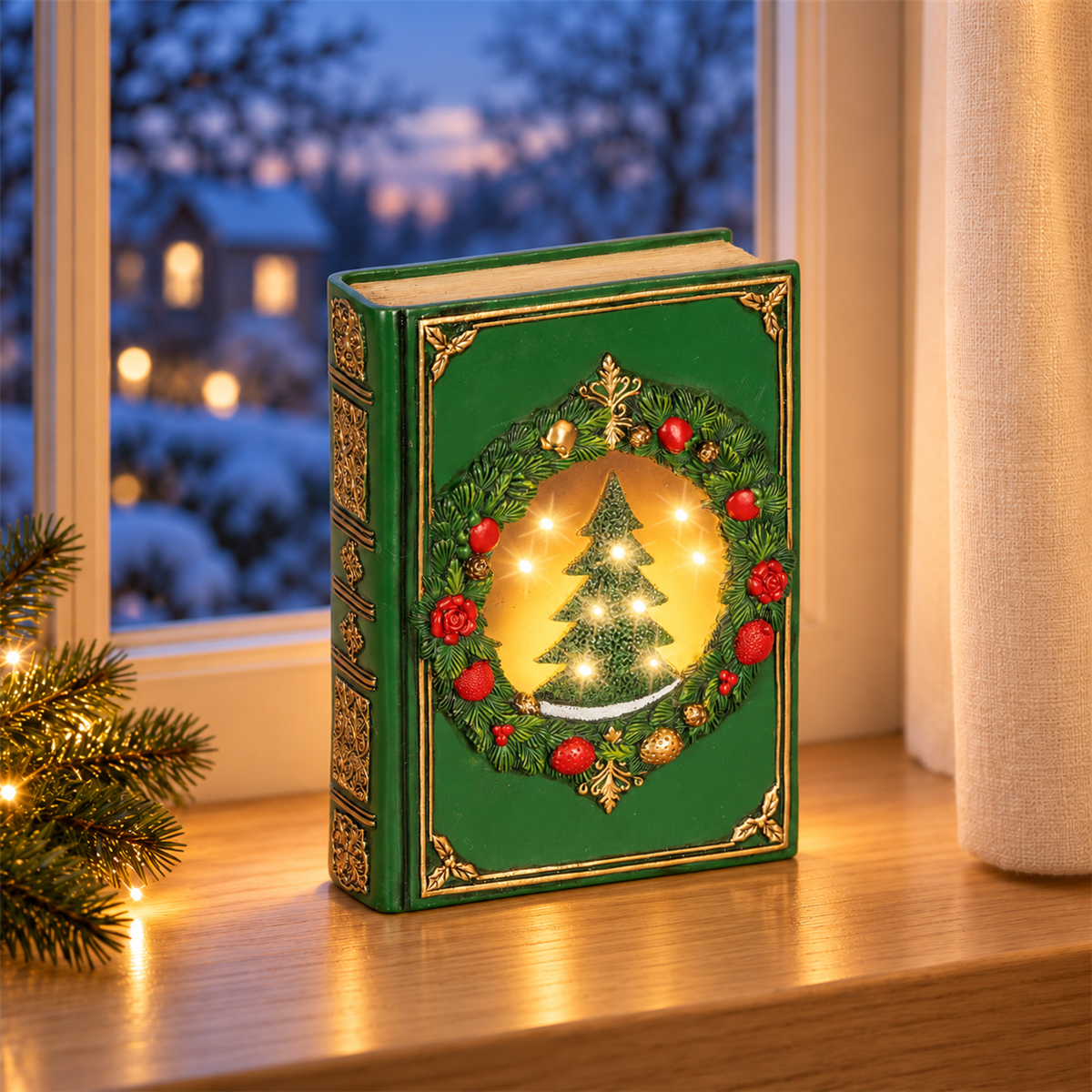 Lumineo Verlicht Kerstfiguur Boek Groen Warm Wit 10 Lampjes 6.5 x 16.5 x 22 cm