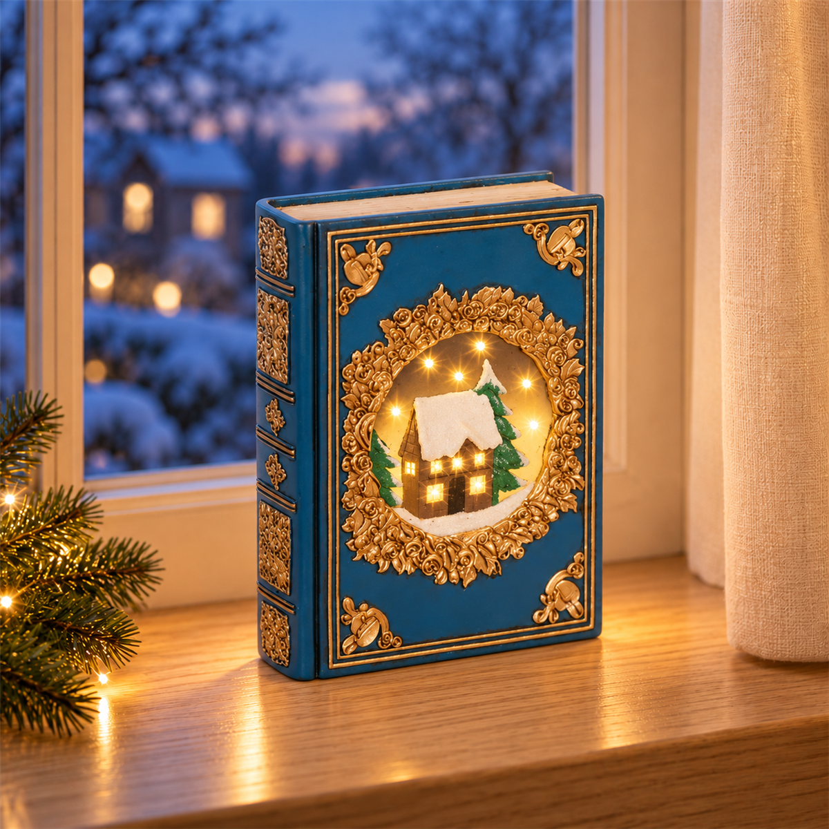 Lumineo Verlicht Kerstfiguur Boek Blauw Warm Wit 10 Lampjes 6.5 x 16.5 x 22 cm