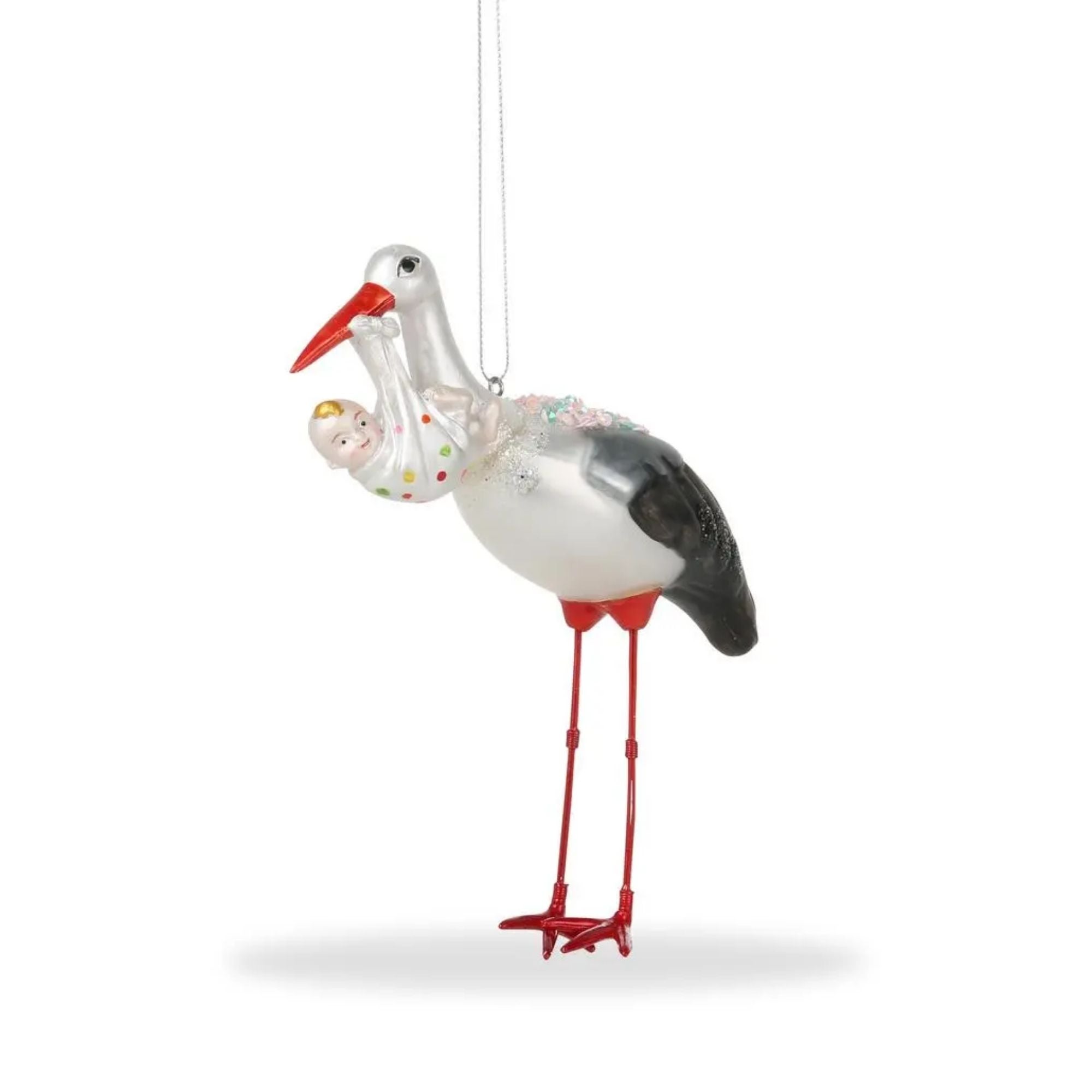 De ballen uit kerstornament Ooievaar met baby 11 cm