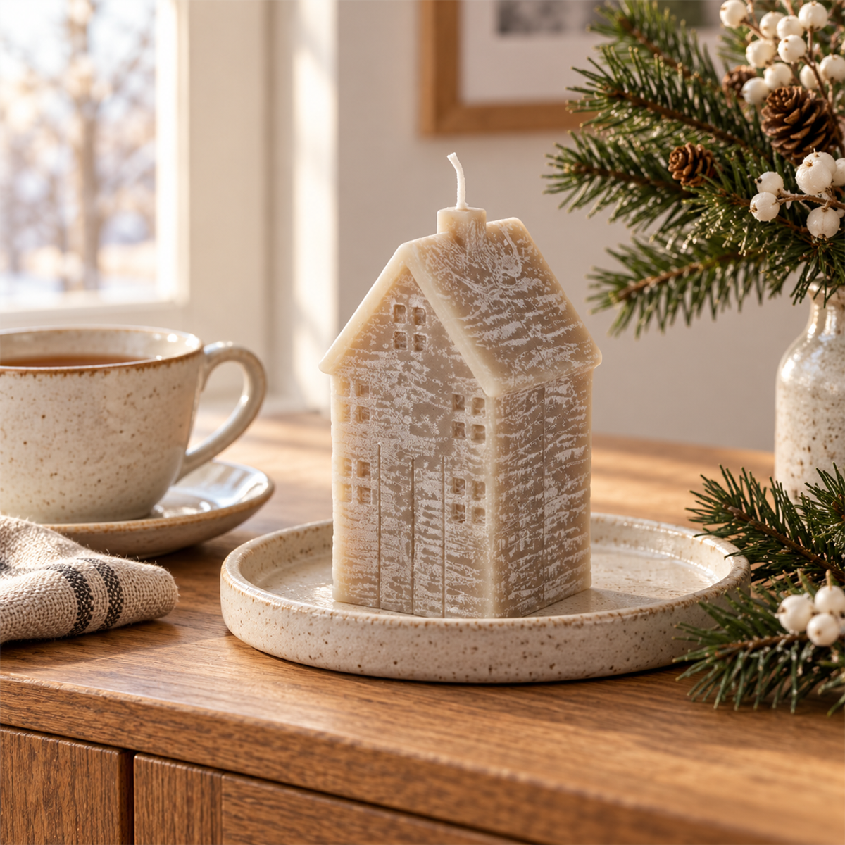 Home Society Huis Kaars M Taupe 11.5 cm