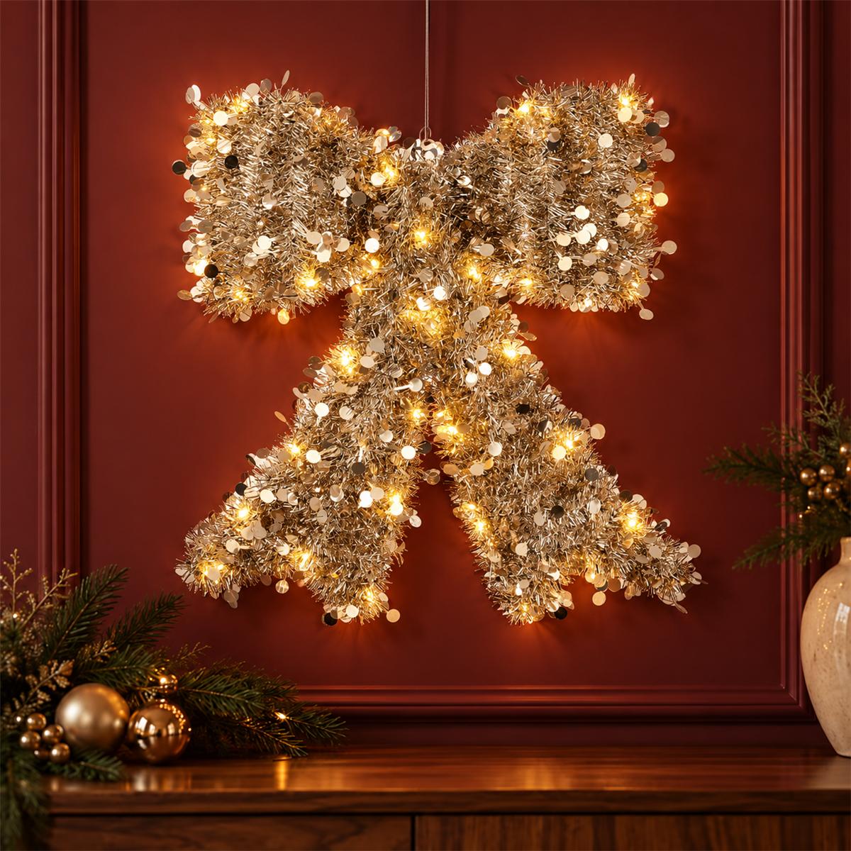 De Bosrand Verlicht Kerstfiguur Strik Zilver Warm Wit 44.5 x 42 cm