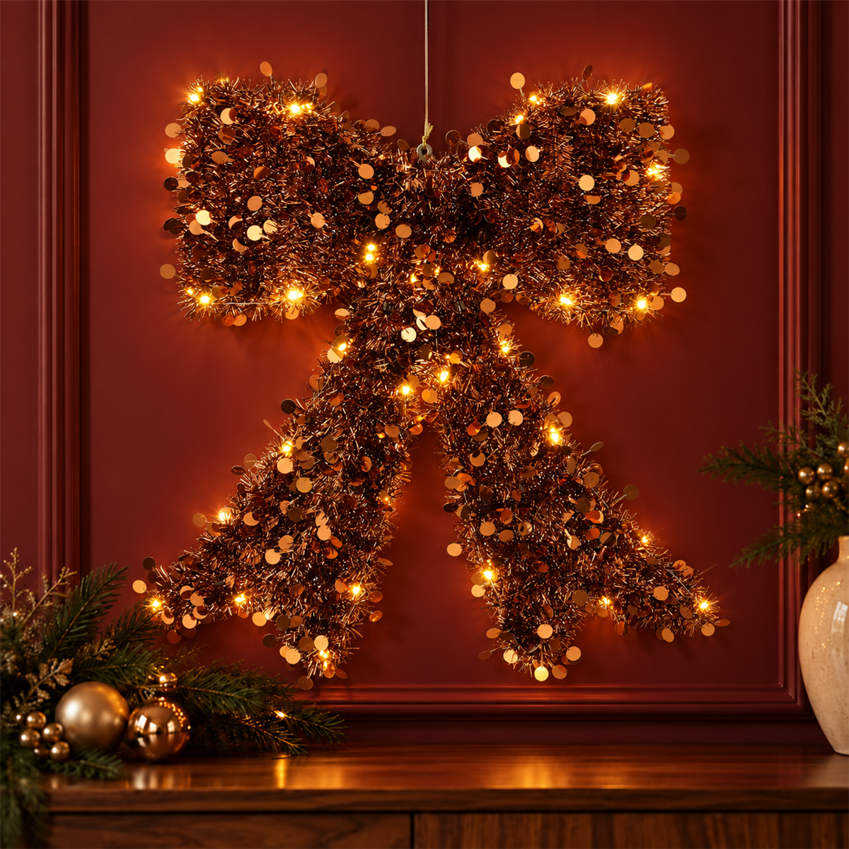 De Bosrand Verlicht Kerstfiguur Strik Bruin Warm Wit 44.5 x 42 cm